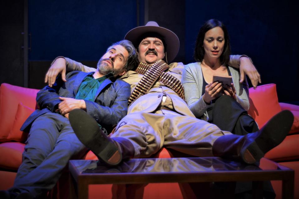 MEXICO CITY, MEXICO - MARCH 06: Gabriela de la Garza, Fernando Bonilla, and Moises Arizmendi act as part of the play 'Between Pancho Villa and a Naked Woman' (Spanish: Entre Pancho Villa y una mujer desnuda) at Rafael Solana Theatre on March 6, 2020 in Mexico City, Mexico. (Photo by Medios y Media/Getty Images)