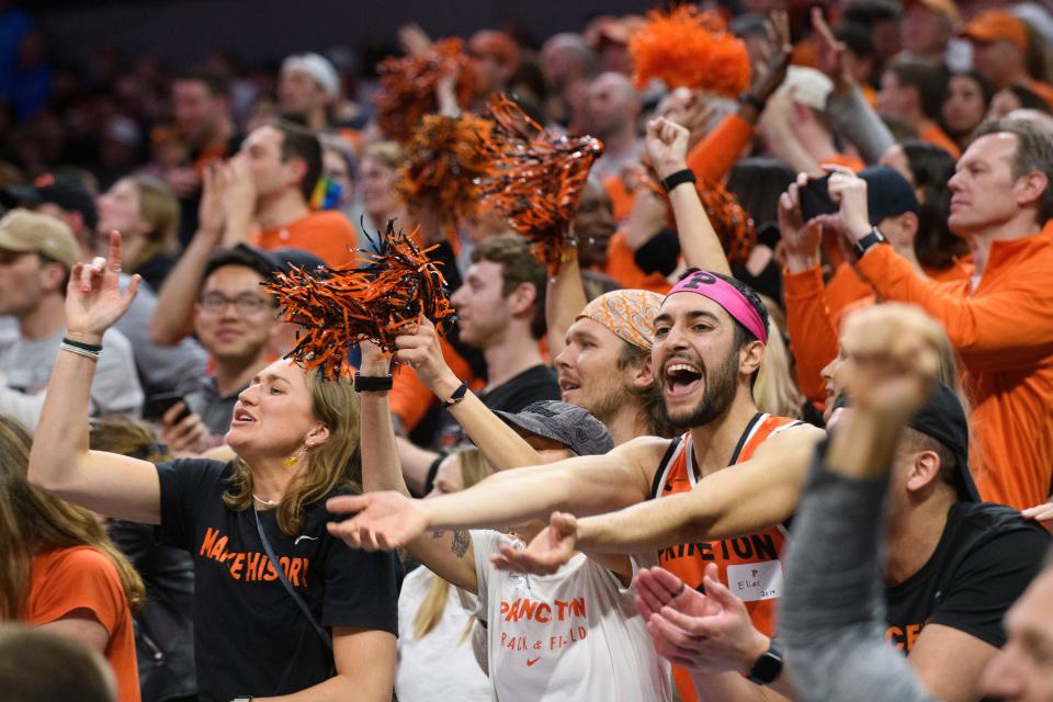 Princeton fans cheer during the second half of the team's second-round college basketball game against Missouri in the men's NCAA Tournament in Sacramento, Calif., Saturday, March 18, 2023. Princeton won 78-63. (AP Photo/Randall Benton)