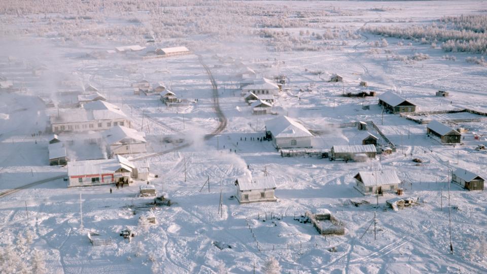 Icy aerial view of the Russian town of Oymyakon.