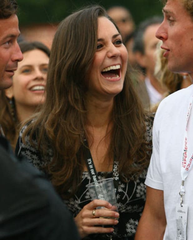<p>Kate Middleton is one laid-back princess while laughing with friends at a concert in London's Hyde Park in 2008.</p>