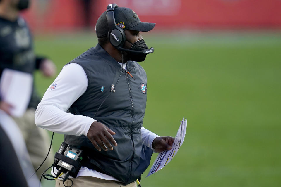 Miami Dolphins head coach Brian Flores during the second half of an NFL football game against the Denver Broncos, Sunday, Nov. 22, 2020, in Denver. (AP Photo/David Zalubowski)