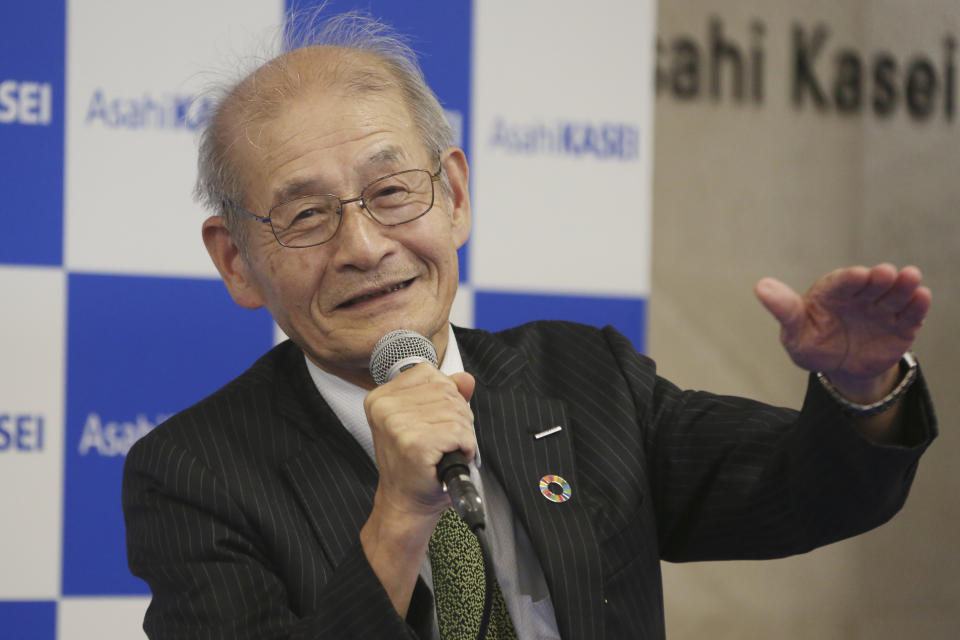 Winner of Nobel Prize of Chemistry Akira Yoshino smiles during a press conference in Tokyo, Wednesday, Oct. 9, 2019. (AP Photo/Koji Sasahara)