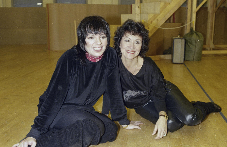 FILE - Actresses Chita Rivera, right, and Liza Minnelli, co-stars in the new musical "The Rink," appear at the Martin Beck Theater in New York in Jan. 1984. Rivera, the dynamic dancer, singer and actress who garnered 10 Tony nominations, winning twice, in a long Broadway career that forged a path for Latina artists, died Tuesday. She was 91. (AP Photo, File)