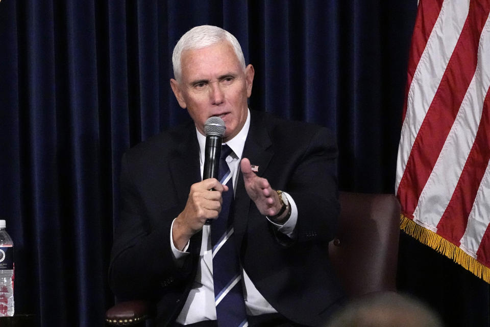 FILE - Former Vice President Mike Pence speaks at the Ronald Reagan Presidential Library & Museum, Nov. 17, 2022, in Simi Valley, Calif. Pence will deliver a keynote address at the Republican Jewish Coalition's annual leadership meeting this weekend in Las Vegas. (AP Photo/Mark J. Terrill, File)