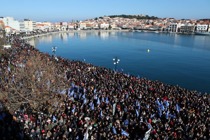 Locals take part in protest against overcrowded migrants camps on the island of Lesbos, in Mytilene
