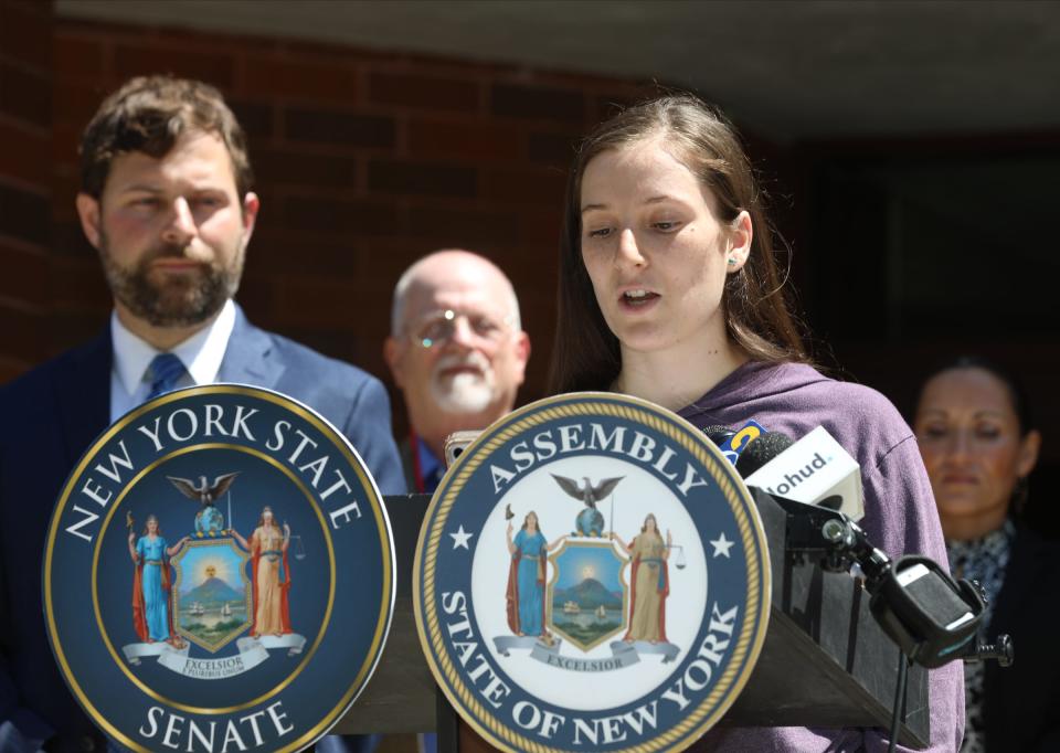 Nyack High School senior Jayden Turner offers remarks about Alyssa's Law at Nyack High School on Wednesday. Jayden's cousin, Alyssa Alhadeff, was killed in the Marjory Stoneman Douglas High School mass shooting in Parkland, Florida. Alyssa and her family lived in Woodcliff Lake before moving to Florida.



Alyssa's Law mandates panic alarms that send alerts directly to local law enforcement in all schools in New York State.