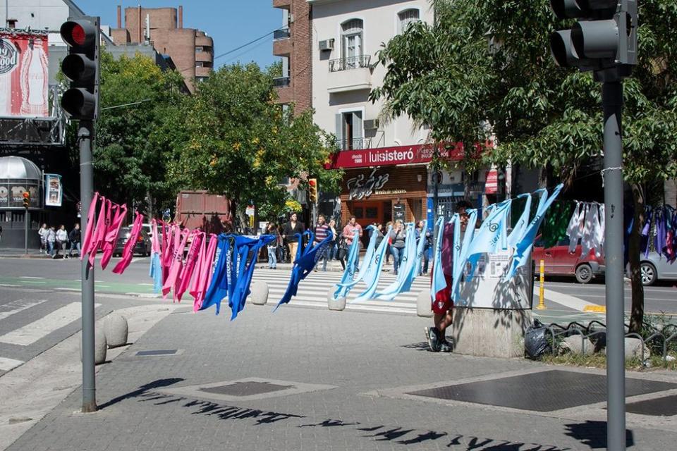 Cordoba, Argentina; march 21, 2019. Representative LGBT handkerchiefs exhibited for sale in the downtown of the city.