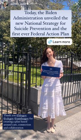 <p>Ashley Judd/Instagram</p> Ashley Judd shared a photo at the White House while promoting the Biden Administration's National Strategy for Suicide Prevention.