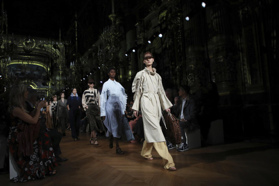 Models wear creations as part of the Stella McCartney Ready To Wear Spring-Summer 2020 collection, unveiled during the fashion week, in Paris, Monday, Sept. 30, 2019. (Photo by Vianney Le Caer/Invision/AP)