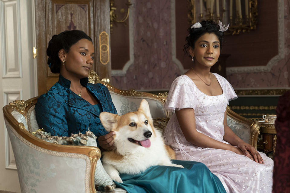 Simone Ashley (left) as Kate Sharma and Charithra Chandran as Edwina Sharma in episode 201 of ‘Bridgerton.’ - Credit: Liam Daniel/Netflix