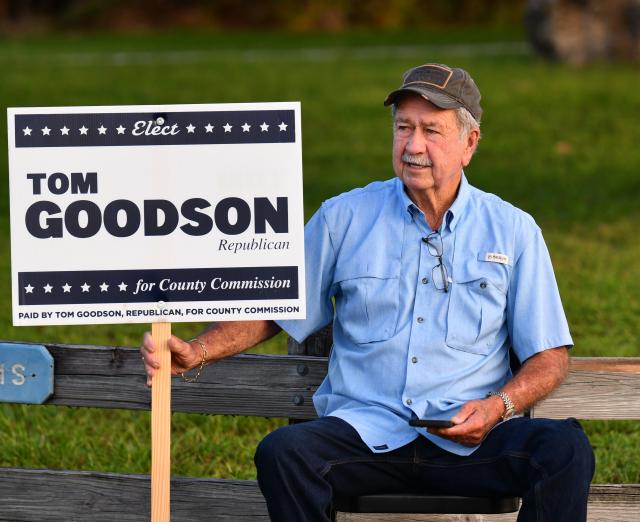 Tom Goodson campaigns at Kiwanis Island on primary election day.