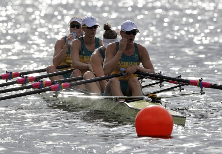 Australia's women's quadruple rowing team warm up during rowing team practices in Lagoa ahead of the 2016 Summer Olympics in Rio de Janeiro, Brazil, Wednesday, Aug. 3, 2016. (AP)