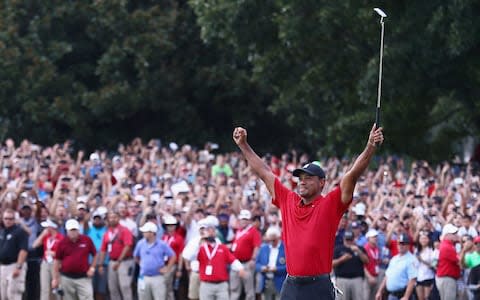 Tiger Woods celebrates victory at the Tour Championship - Credit: getty images