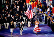 LONDON, ENGLAND - AUGUST 29: Athlete Scott Danberg of United States carries the flag during the Opening Ceremony of the London 2012 Paralympics at the Olympic Stadium on August 29, 2012 in London, England. (Photo by Dennis Grombkowski/Getty Images)