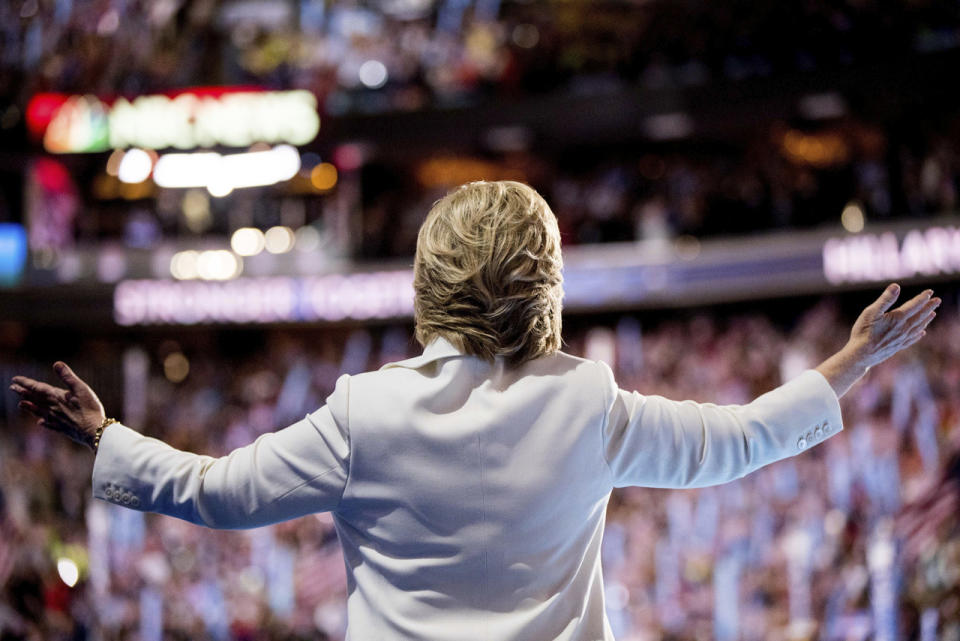 <p>Democratic presidential candidate Hillary Clinton waves to the crowd as she takes the stage to speak during the fourth day session of the Democratic National Convention in Philadelphia, July 28, 2016. (Photo: Andrew Harnik/AP)</p>