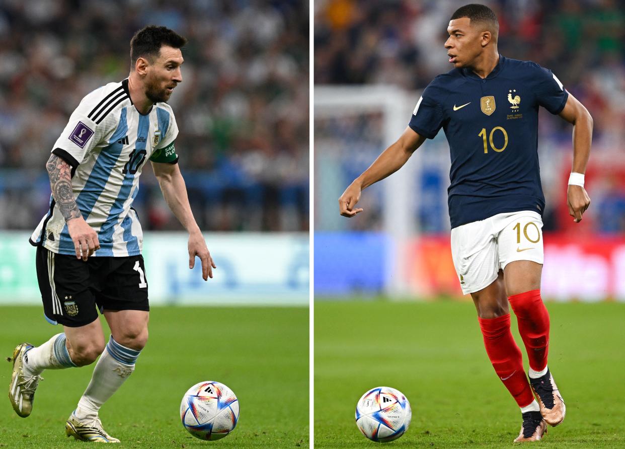 Will Lionel Messi or Kylian Mbappe be celebrating with the World Cup on Sunday? (Photo by ALFREDO ESTRELLA,PAUL ELLIS/AFP via Getty Images)