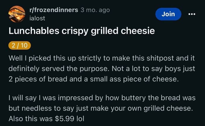 Summary of a Reddit post expressing disappointment in Lunchables' grilled cheese, noting its small size and price of $5.99