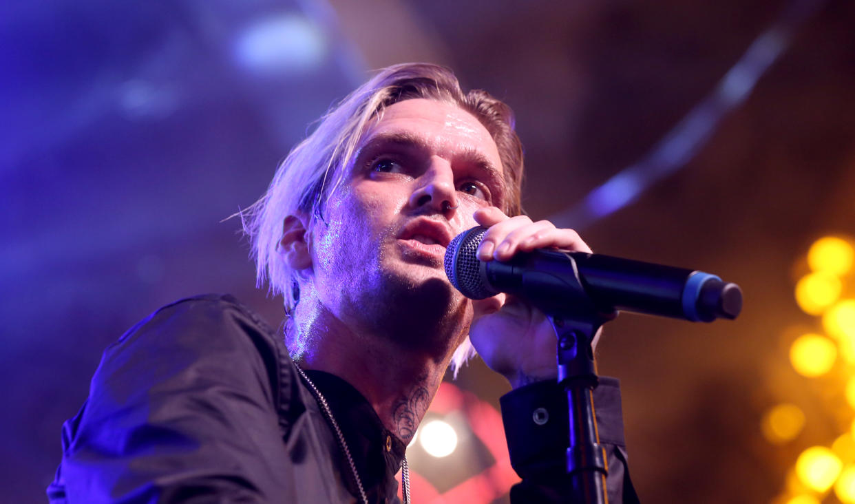 LAS VEGAS, NEVADA - JULY 27: Singer and producer Aaron Carter performs during the Pop 2000 Tour at the Fremont Street Experience on July 27, 2019 in Las Vegas, Nevada. (Photo by Gabe Ginsberg/Getty Images)