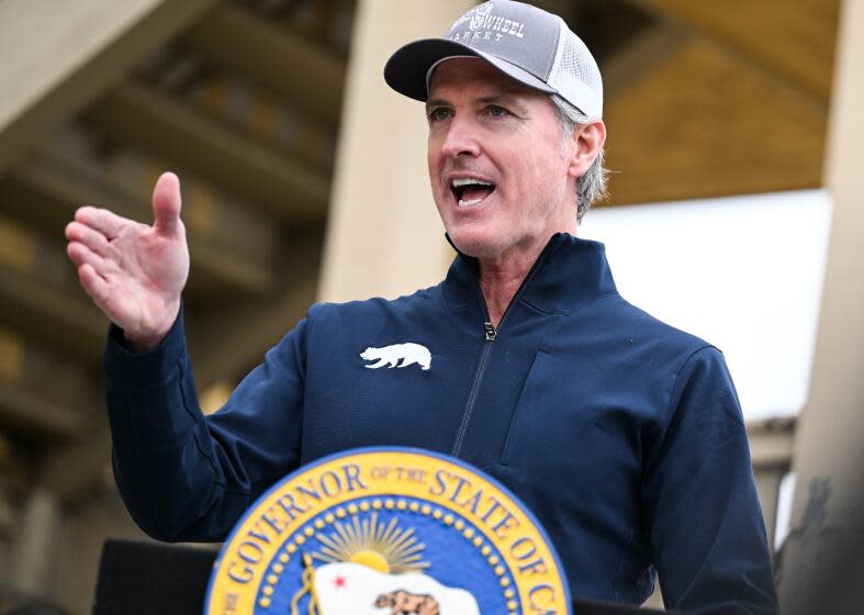 OAKLAND, CALIFORNIA - FEBRUARY 16: Governor of California Gavin Newsom speaks during the ''Homekey'' event in Oakland, California, United States on February 16, 2024. Newsom announced the latest round of Homekey awards to rapidly transform former office spaces, hotels, and other buildings throughout California into housing for those experiencing homelessness. (Photo by Tayfun Coskun/Anadolu via Getty Images)