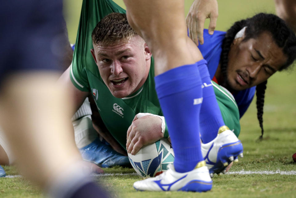 Ireland's Tadhg Furlong reacts after scoring a try during the Rugby World Cup Pool A game at Fukuoka Hakatanomori Stadium between Ireland and Samoa, in Fukuoka, Japan, Saturday, Oct. 12, 2019. (AP Photo/Aaron Favila)