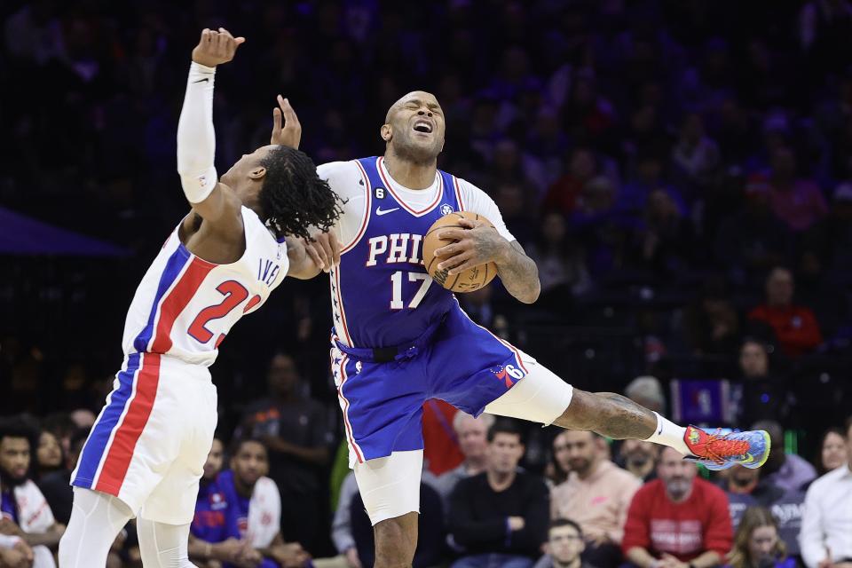 76ers forward P.J. Tucker and Pistons guard Jaden Ivey collide during the second quarter on Wednesday, Dec. 21, 2022, in Philadelphia.