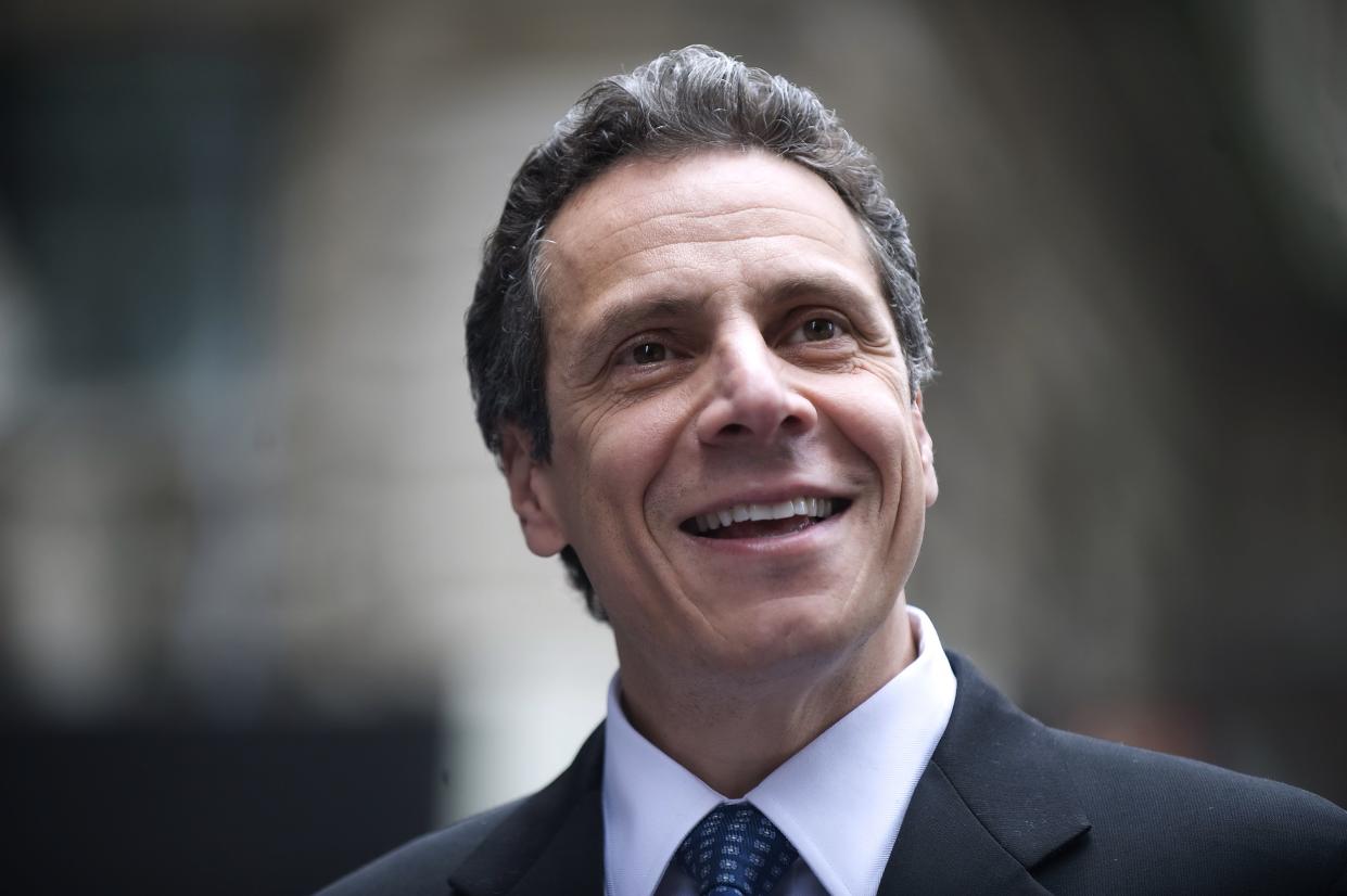 Democratic Gubernatorial Candidate Andrew Cuomo speaks to the press before he marches up Fifth Avenue in the annual Salute to Israel Parade.