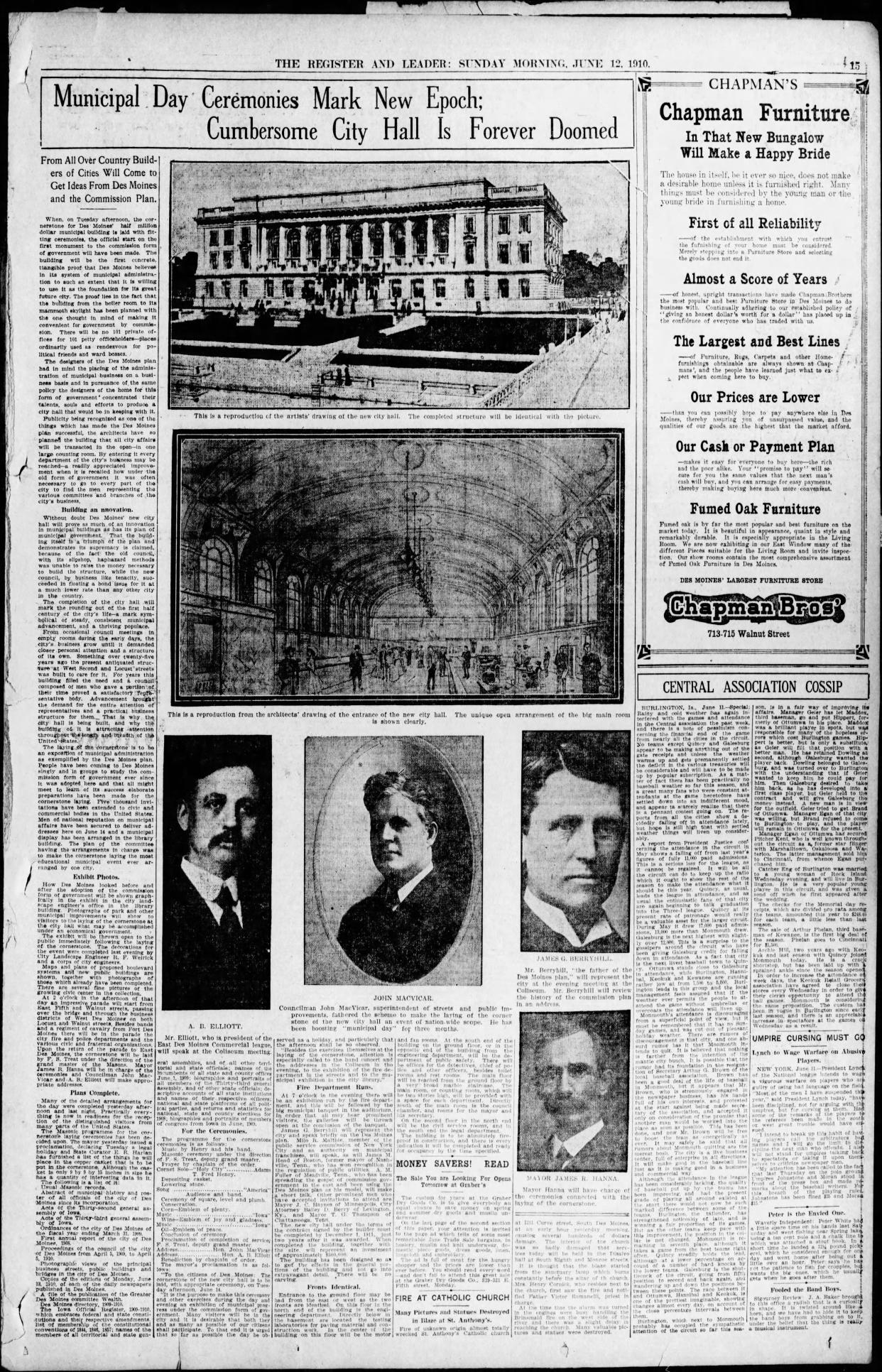 A 1910 Des Moines Register article details plans for a celebration of the laying of the cornerstone for Des Moines City Hall.