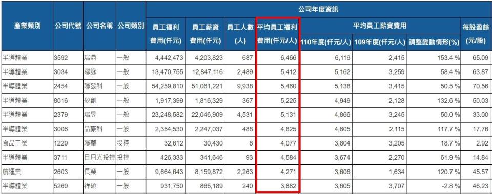 110年度上市公司全體員工薪酬資訊。（圖／翻攝自台灣證券交易所公開資訊觀測站）