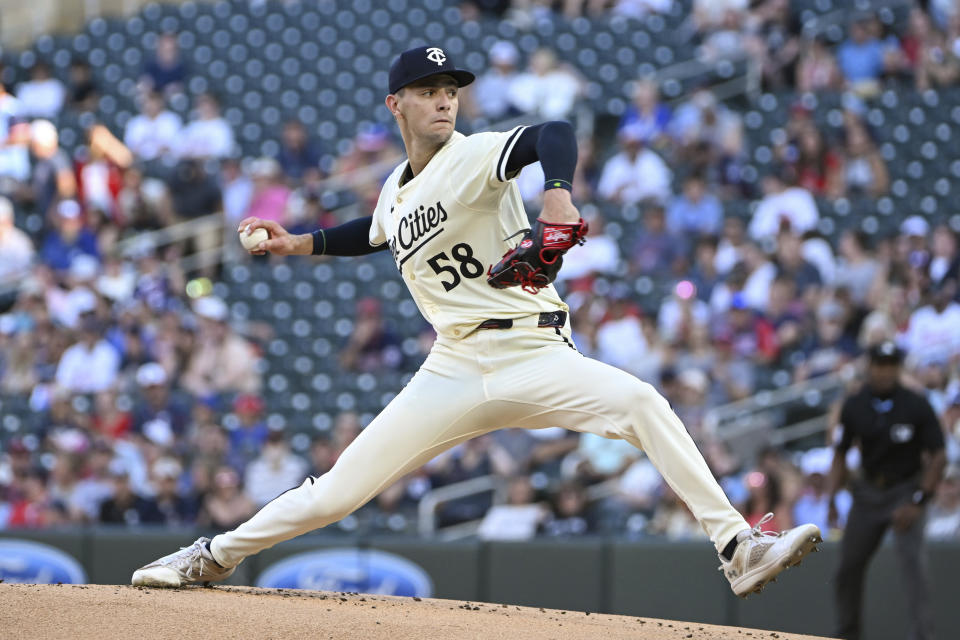 Minnesota Twins starting pitcher David Festa throws against the Detroit Tigers during the first inning of a baseball game Wednesday, July 3, 2024, in Minneapolis. (AP Photo/Craig Lassig)