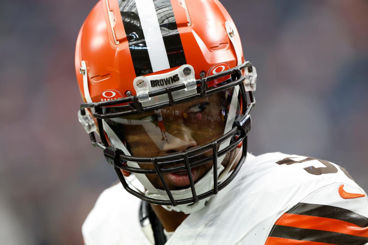 Cleveland Browns defensive end Myles Garrett (95) during pregame warmups before an NFL wild-card playoff football game Saturday, Jan. 13, 2024 in Houston. (AP Photo/Matt Patterson)