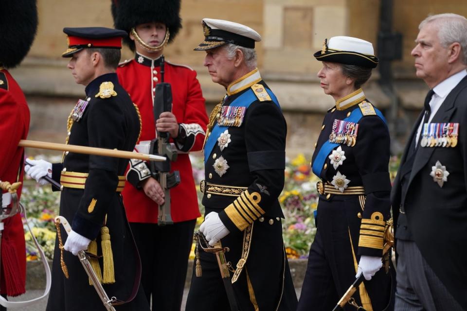 King Charles III, the Princess Royal and the Duke of York arrive at St George’s Chapel (Owen Humphreys/PA) (PA Wire)
