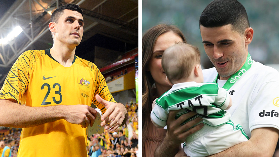 Tom Rogic reacts and Rogic hugs his child.