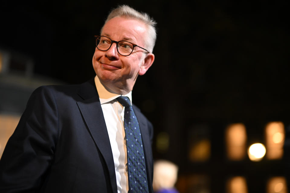 LONDON, ENGLAND - OCTOBER 25: Michael Gove leaves Number 10 in Downing Street after being appointed Levelling Up Secretary as new Prime Minister Rishi Sunak begins cabinet reshuffle on October 25, 2022 in London, England. Rishi Sunak will take office as the UK's 57th Prime Minister today after he was appointed as Conservative leader yesterday. He was the only candidate to garner 100-plus votes from Conservative MPs in the contest for the top job. He said his aim was to unite his party and the country. (Photo by Leon Neal/Getty Images)