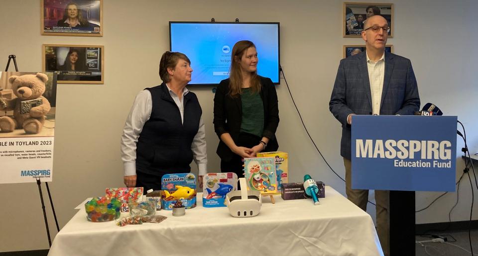 Discussing the toys that shouldn't make the holiday list arem from left, Deirdre Cummings of MassPIRG, R.J. Cross, MassPIRG researcher and author of this year's edition of the "Trouble in Toyland" report, and David Monahan of Fairplay, a Boston-based children's advocacy group.