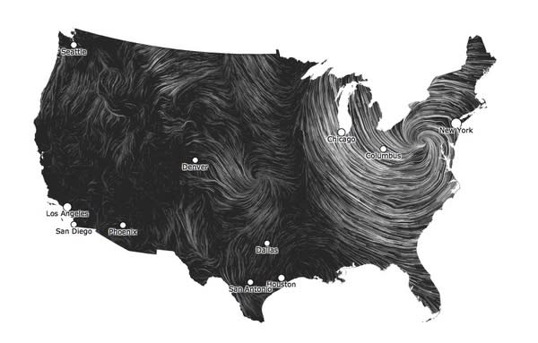 A screenshoot of winds from Sandy at 11 a.m. EDT on Oct. 30. The map animation captured Sandy advancing north this morning.