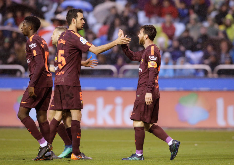 Lionel Messi celebrates Barcelona’s second goal at Deportivo La Coruna. (Reuters)