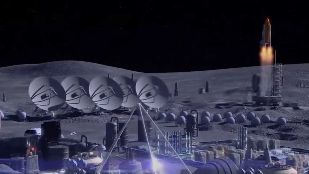  An illustration of an expansive moon base featuring several different structures, vehicles and many solar panels. 