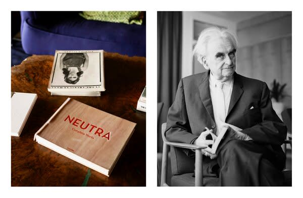 A copy of Taschen’s <i>Neutra. Complete Works </i>sits on the living room table at the Mosby House in Missoula, Montana (left). Legendary modernist architect Richard Neutra (right) designed and built the house between 1949 and 1950.