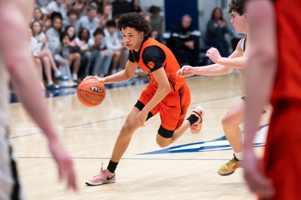 Central York's Ryan Brown Jr. drives toward the basket during a PIAA Class 6A second round game against Red Lion on March 13, 2024, at Dallastown Area High School. The Panthers won, 70-54, to advance to the elite eight.