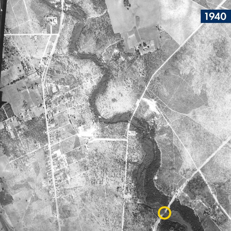 The yellow circle on each image indicates where the 12th Avenue Bridge crosses over the creek at the head of Bayou Texar.