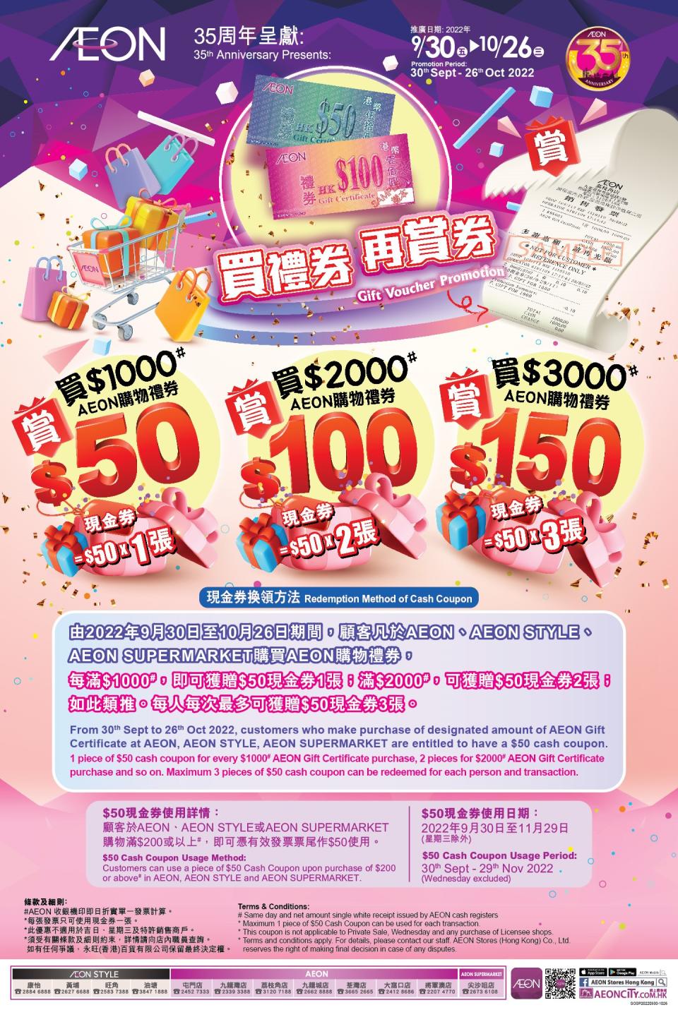 【Aeon】買AEON購物禮券滿指定金額 送高達$150現金券（30/09-26/10）