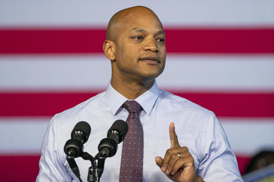 Democratic gubernatorial candidate Wes Moore speaks at a campaign rally at Bowie State University on Nov. 7, 2022, in Bowie, Maryland.  / Credit: Getty Images