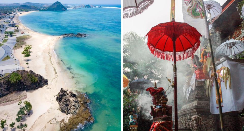 An aerial view of Kuta and Lombok’s beaches, and a daily Balinese canang sari prayer offering ritual at a Hindu temple. Source: Getty