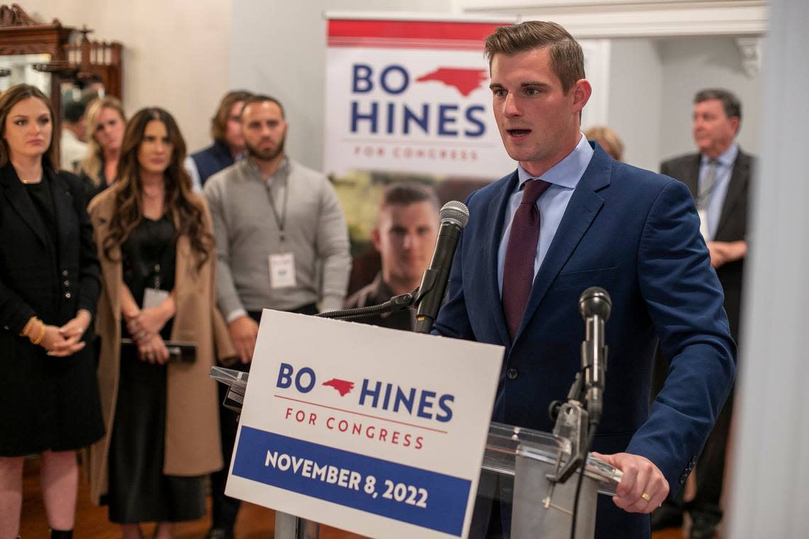 Bo Hines, candidate for the US House District 13, addresses his supporters as he concedes to opponent Wiley Nickel at the Norris House on Tuesday, November 8, 2022 in Raleigh, N.C.