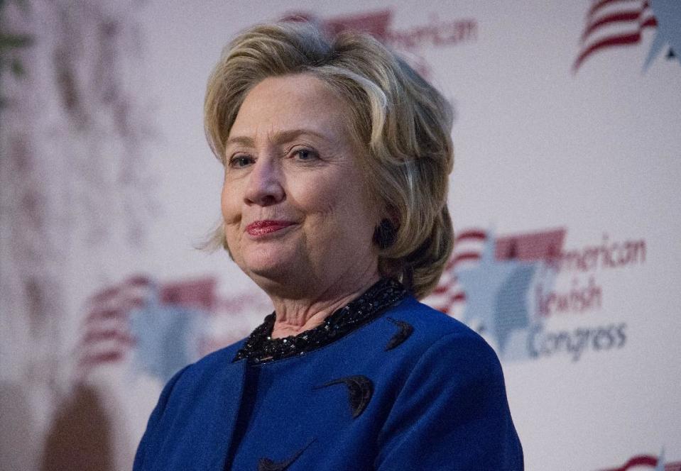 Former Secretary of State Hillary Rodham Clinton speaks after receiving the American Jewish Congress' lifetime achievement award on Wednesday, March 19, 2014, in New York. Clinton spoke at the group’s gala and emphasized the longstanding relationship between the United States and Israel, and also spoke about the negotiations process with Iran. (AP Photo/Jin Lee)