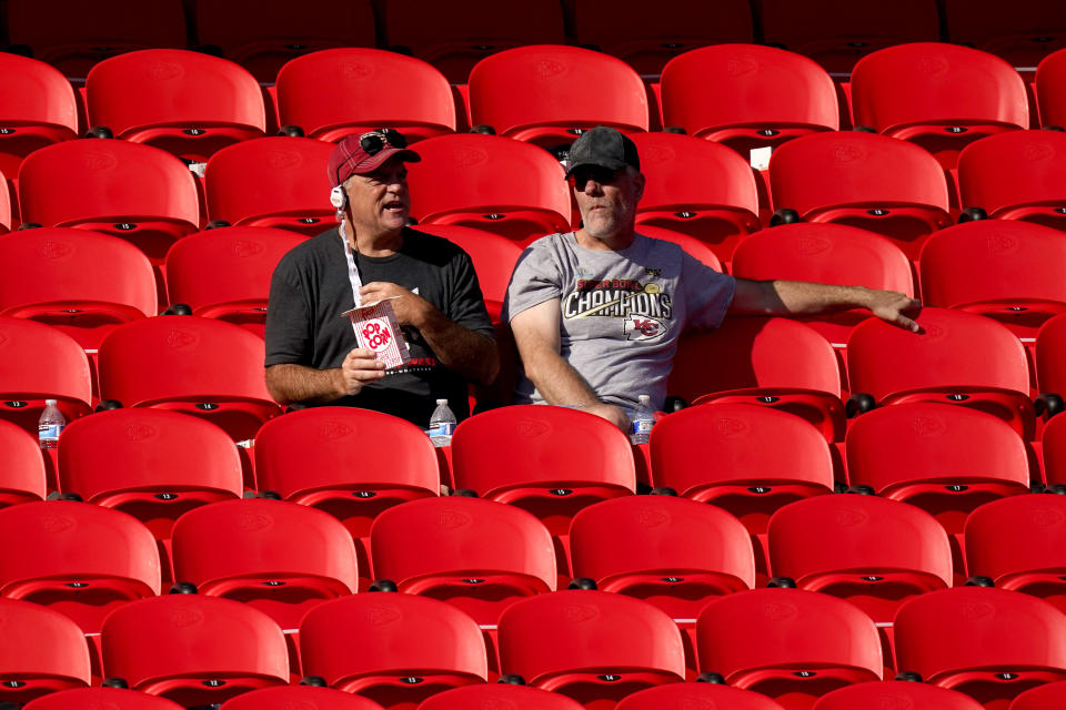 Fans watch the Kansas City Chiefs during an NFL football training camp Saturday, Aug. 22, 2020, at Arrowhead Stadium in Kansas City, Mo. The Chiefs opened the stadium to 2,000 season ticket holders to watch practice as the team plans to open the regular season with a reduced capacity of approximately 22 percent or normal. (AP Photo/Charlie Riedel)