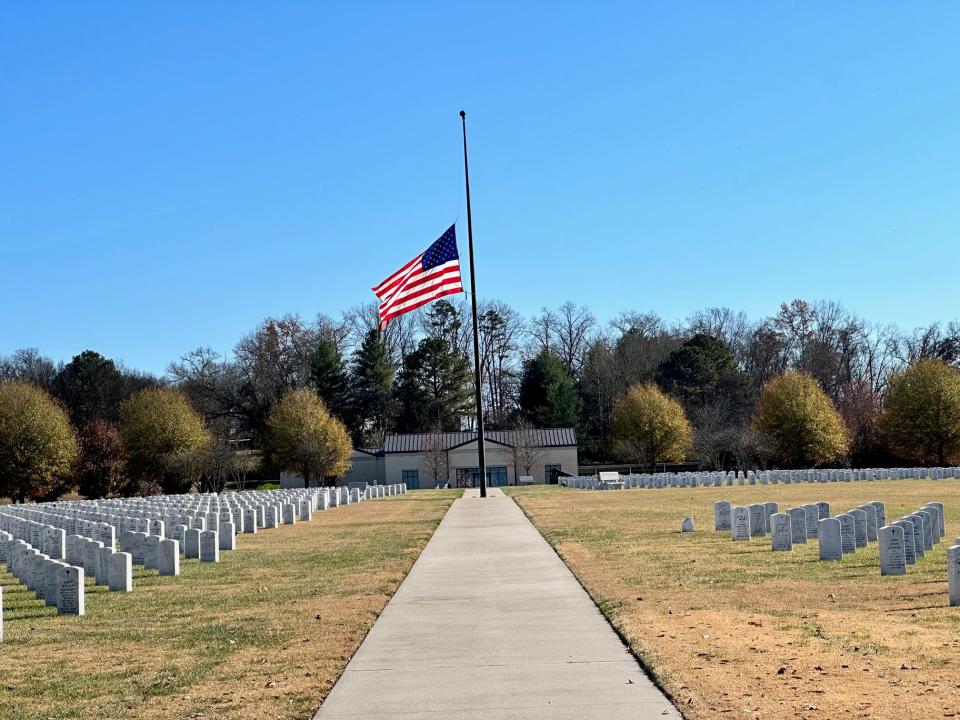 A view of the American flag at half mast at the East TN Veterans Cemetery on November 29, 2023.
