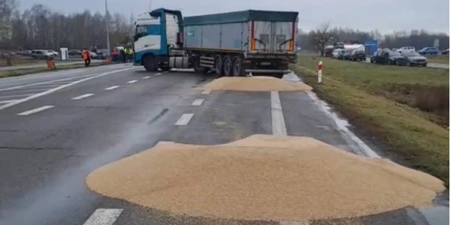 Polish farmers dumped grain from Ukrainian trucks during protests on February 11