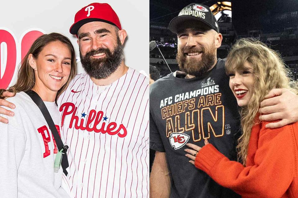 <p>Ouzounova / SplashNews; AP Photo/Julio Cortez</p> Kylie Kelce and Jason Kelce; Travis Kelce and Taylor Swift