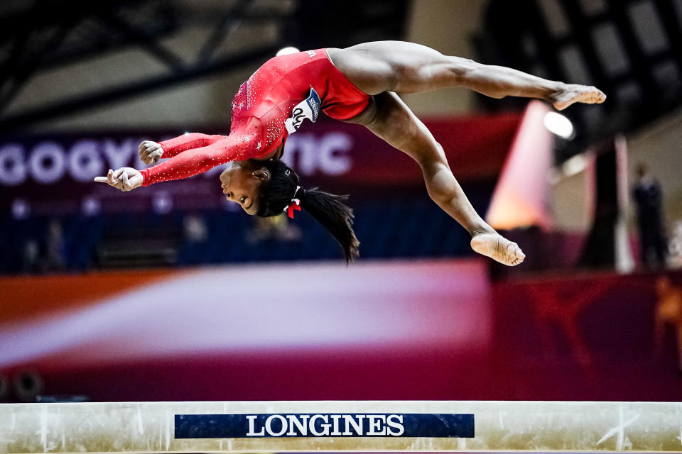 Simone Biles won a record fourth all-around title at the world championships. (Photo by Ulrik Pedersen/NurPhoto via Getty Images)